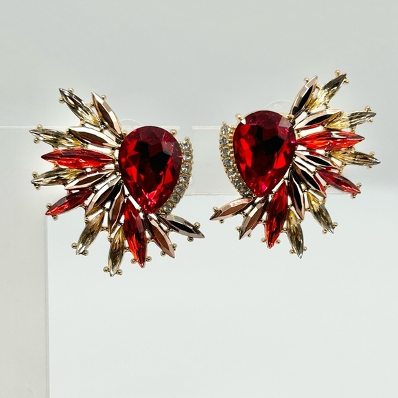 Radiant Red and Gold Fan Rhinestone Crystal Earrings-New! - Picture 2 of 6